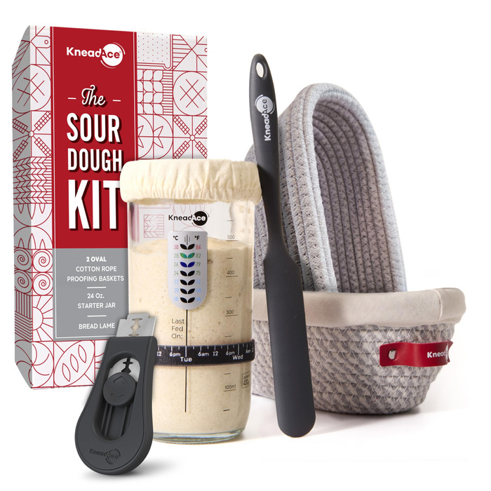 Набір для закваски KneadAce: банка 680.4 г, 2 корзини для вистоювання Banneton, лезо для хліба з магнітом - подарунок для пекаря, повний набір для випікання закваски