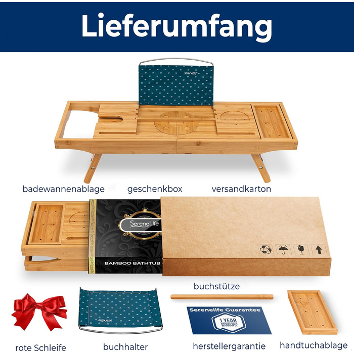 Сервірувальне піднос SereneLife 2-в-1 для ванни та ліжка – бамбуковий, складаний, регульований за розміром, вологостійкий, з жорсткою та м'якою задньою частиною, подарунковий набір