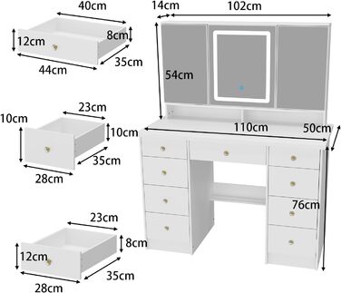 Туалетний столик зі світлодіодом, 3 дзеркала, 9 ящиків, 5 полиць, МДФ, 50x110x137 см, білий