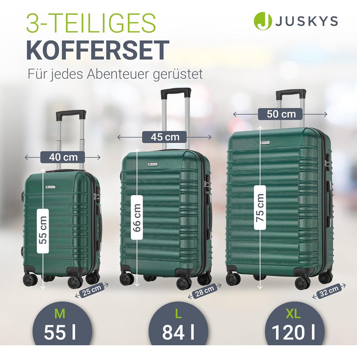 Набір валіз Juskys Hartschale 3 в 1 - зелений колір, захисний корпус, кодований замок, тихі колеса, телескопічна ручка