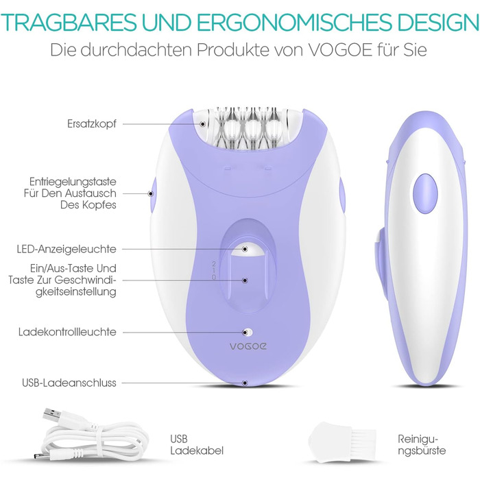 Жіночий епілятор VOGOE 4-в-1 бездротовий, 21 пінцет для обличчя, ніг, рук, бікіні, фіолетовий HR310