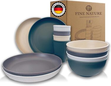 Набір посуду FineNature Design 4 персони - багаторазовий переробляється - поліпропіленовий пластик, без бісфенолу А 12 шт. Сучасні кольори, набір посуду для кемпінгу, тарілки, миски, кружки, міцні, не б'ються