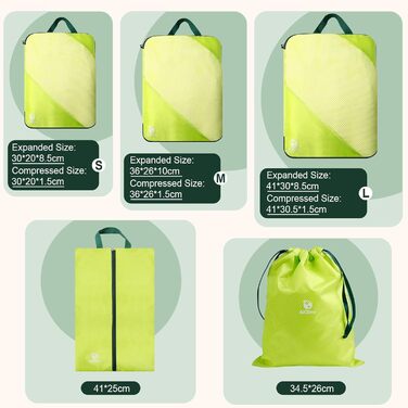 Набір компресійних органайзерів для одягу в дорогу AiQInu, 5 шт. — ультралегкі сумки-пакувальники для валізи з мішком для взуття та білизни, розширювані, зелені
