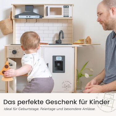 Дерев'яна дитяча кухня Tiny Land з аксесуарами: 18 предметів посуду та їжі. Іграшковий кухонний набір для дітей з підсвіткою та звуками.