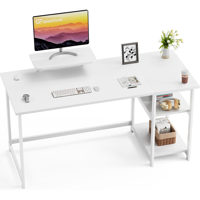 Білий письмовий стіл GreenForest з місцем для зберігання, 100 см, комп'ютерний стіл з підставкою для монітора, для дому та офісу, 140x50 см