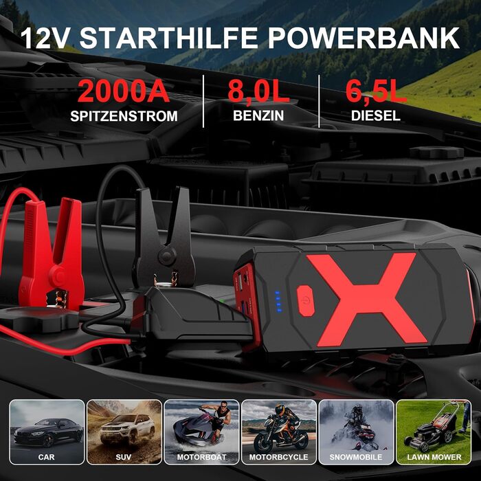 Портативний акумулятор-пусковий пристрій POWKEY для автомобілів, 2000A, 12V, з LED-ліхтариком та 2 USB-виходами (червоний)