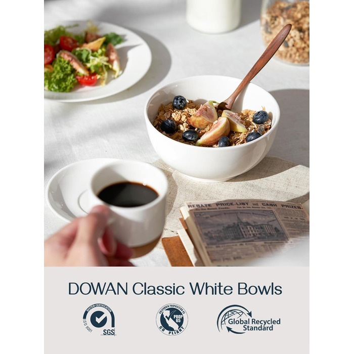 Великі миски для супу DOWAN 1100 мл Миски з пластівцями Білі миски для подачі 18 см Штабельовані керамічні миски для кухні Набір мисок для макаронних виробів 4 упаковки небиткої кераміки (600 мл білий набір з 4 штук)