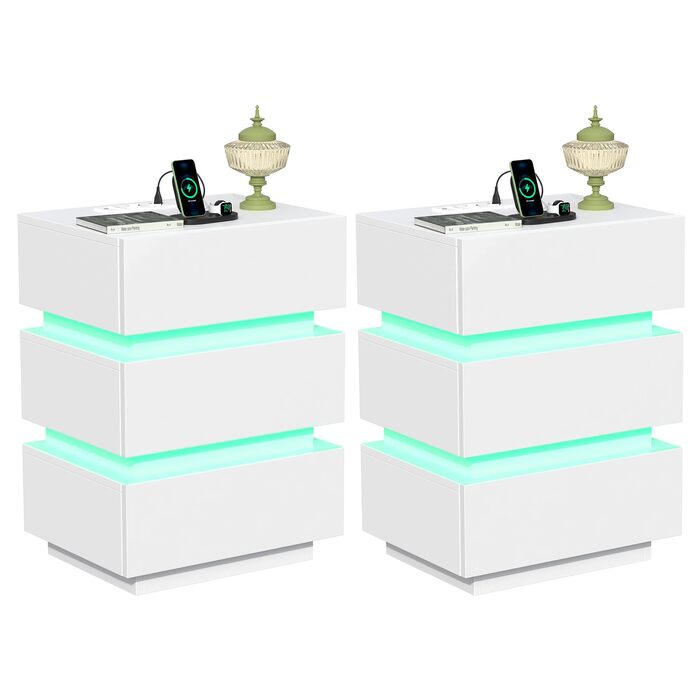 Нічний столик з розеткою та LED, нічний комод з функцією зарядки та USB, 2 висувні ящики (45x35x46/62 см, білий, набір 2 шт.)