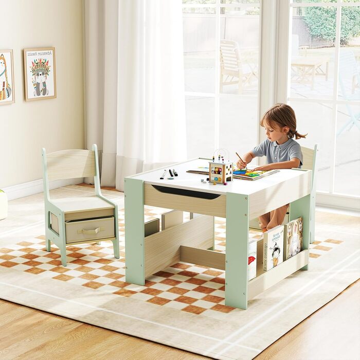 Дитячий стіл LIFEZEAL 3-в-1 з 2 стільцями: стіл для малювання, активностей та обіду. Дерев'яна дитяча група з місцем для зберігання (зелений)