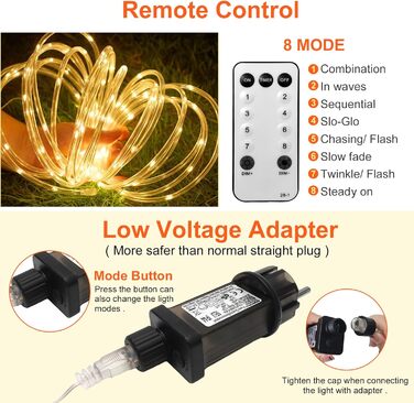 Світлодіодних мотузкових ліхтарів, 23 м на вулиці теплий білий з дистанційним керуванням, 8 режимів для Різдва, 200