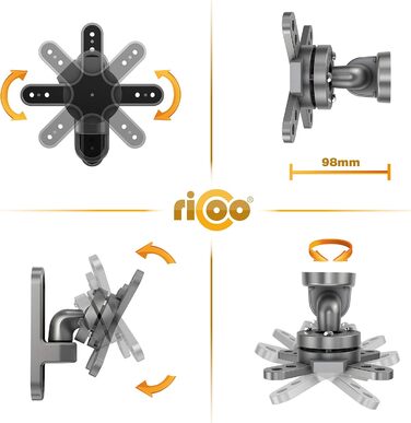 Кріплення для монітора RICOO TÜV сертифіковане, поворотне та нахильне, універсальне, 13-32 дюйми, VESA 75x75, 100x100 мм, до 15 кг, срібний колір