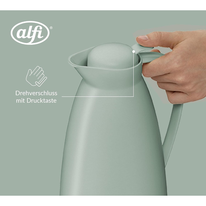 Термос Alfi ECO 1.0л з термоізоляційним скляним вкладишем, кришкою з поворотним механізмом та зручною кнопкою, для зручного наливання однією рукою, ідеальний для кави та чаю, BPA Free (М'ятно-зелений)