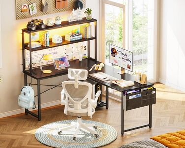 Ігровий стіл Coleshome L-подібної форми з LED підсвічуванням та розетками, 135 × 100 см. Реверсивний стіл з полицями для зберігання, ігровий кутовий стіл з сумкою для дому та геймінгу, чорний (135x100 см)