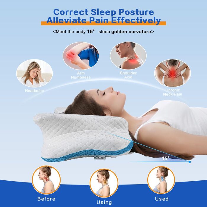 Ортопедична подушка для шиї з Memory Foam, регульована, ергономічна, для комфортного сну, без запаху, блакитна