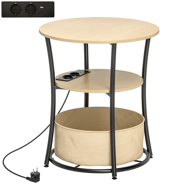 HOMCOM Приставний столик з 3-ма рівнями, журнальний столик з підзарядною станцією, тканинний кишень для зберігання, полиця, 50x50x55,1 см, натуральне дерево