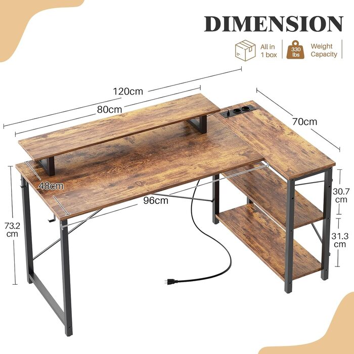 Кутовий ігровий стіл з LED-підсвіткою та розетками, 120x70 см, колір: сіра береза (рустикальний коричневий)