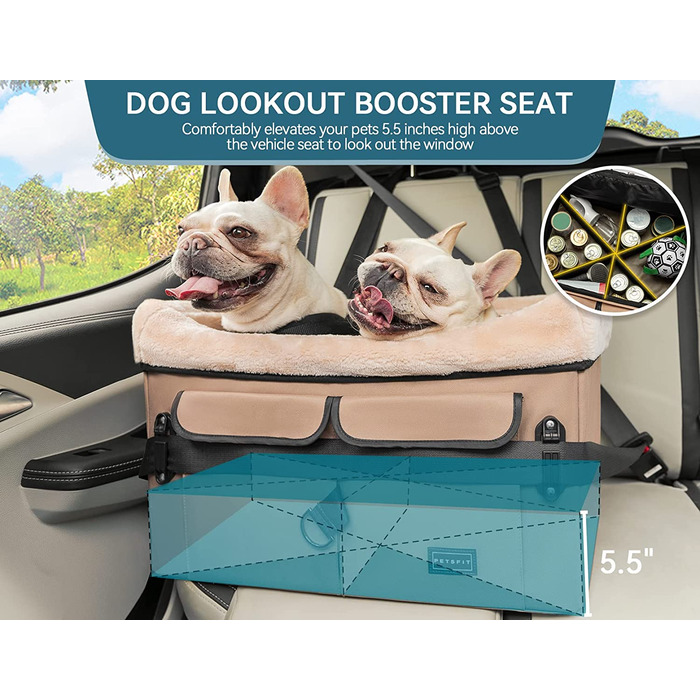 Автомобільне сидіння для собак Petsfit для середніх собак або 2 маленьких собак, покращене автомобільне сидіння для собак для заднього сидіння і переднього сидіння, кошик для собак з 2 ременями безпеки,M, хакі M хакі