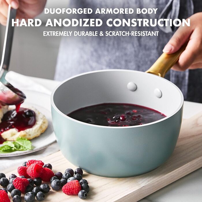 Каструля GreenPan Padova Reserve з нержавіючої сталі з антипригарним покриттям Hartelox, 18 см, 2 л, з кришкою з термостійкого скла, без PFAS, для індукційних плит, з золотим ручками, придатна для миття в посудомийній машині та випікання, колір Димчастий 