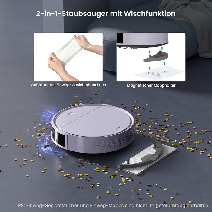 Робот-пилосос OKP K5P Purple: 5000Pa, навігація, HEPA-фільтр, Wi-Fi, для тварин, килимів, твердих підлог