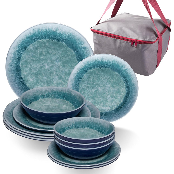 Набір посуду Melamin Adria Blue (13 предметів) - посуд для кемпінгу, подорожей, пікніків, табору, дачі. Миючий посуд, стильна керамічна імітація, для 4 осіб.