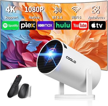 Портативний проєктор Mini Beamer 4K Full HD 1080P з 5G WiFi 6, Bluetooth 5.4, автоматичною корекцією трапецеїдальних спотворень, поворотом 270°, підтримкою USB/Laptop/PC, з пультом та мишкою. Чорний (Білий)