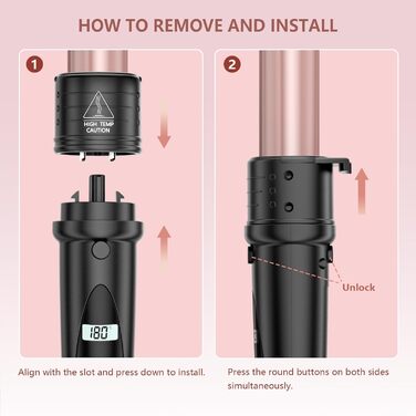 Локшик для волосся NWOUIIAY 6 в 1 з LCD-дисплеєм, керамічне покриття, мультифункціональний, змінне насадки, для великих та маленьких локонів, рукавички, регулювання температури, рожевий