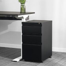 Роликовий контейнер DeHong з металу, мобільний офісний шафка з 3 висувними ящиками, офісний контейнер, з можливістю замка та регульованими паперовими відсіками, збірно-розбірний, для офісу, дому (J-чорний)