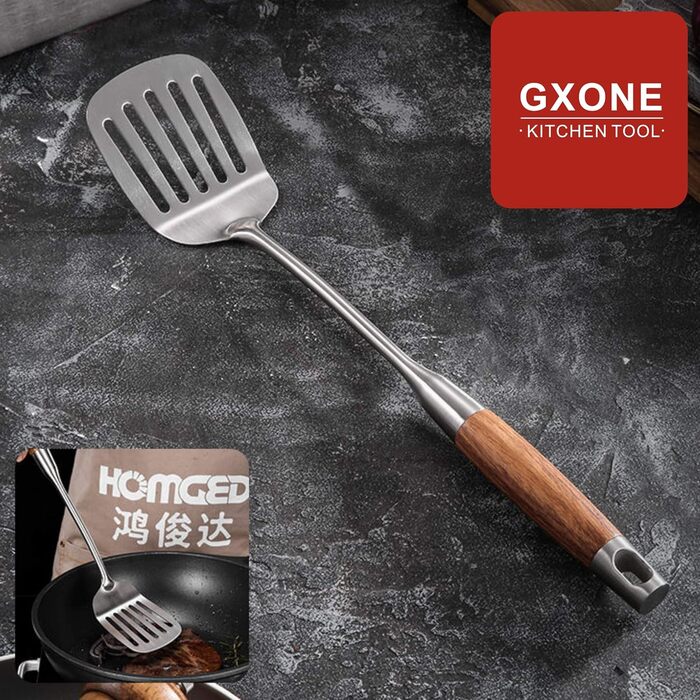 Набір кухонних аксесуарів GXONE, 7 предметів, нержавіюча сталь 304, з підставкою, термостійкий дерев'яний ручка, кухонні помічники (шпатель з дерев'яною ручкою)