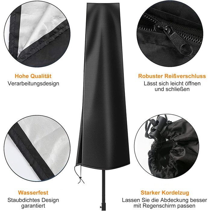 Чохол для парасольки OKPOW 3м: водовідштовхуючий, 600D, з блискавкою, захист від сонця, вітру та снігу, 190см×30/50см, чорний