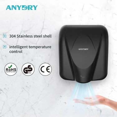 Anydry 2812 - Електричний сушар для рук AnyDry, для комерційного використання, нержавіюча сталь, швидка сушка (7-10 сек), 1600W, чорний (Brushed)