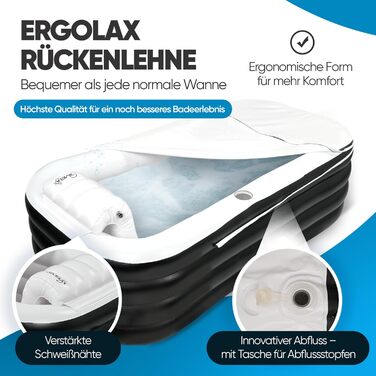 Надувна ванна TIMELAX® XL з ергономічною спинкою, 0,5 мм PVC, без BPA | Мобільна ванна для дорослих, чорна