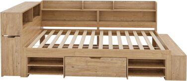 Ліжко дитяче 90x200, дерев'яне з шухлядами, полицями та захистом від падіння, з ламелями та місцем для зберігання, для підлітків, функціональне, без матраца, біле