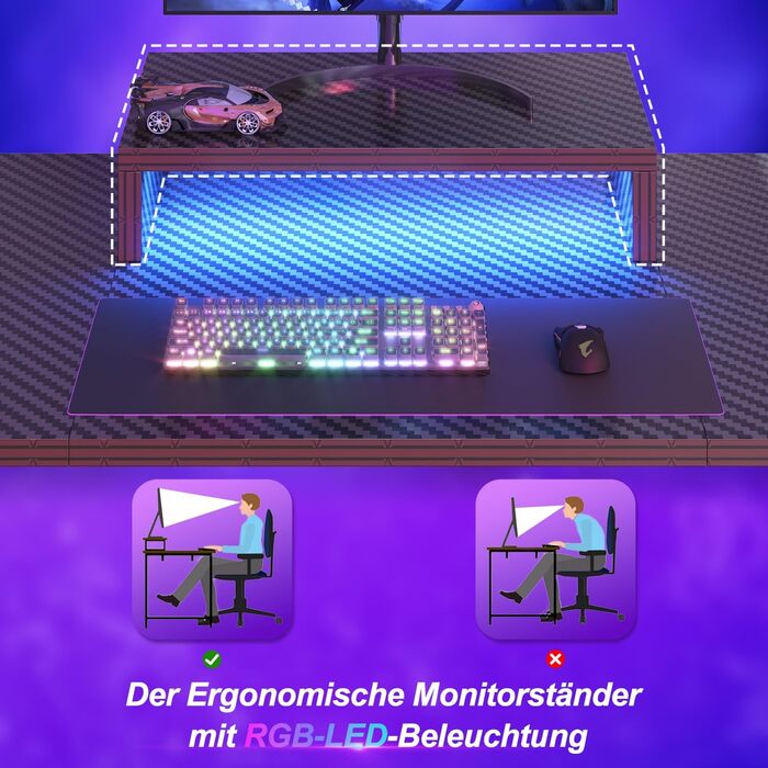 Ігровий стіл Devoko 160x60 см з LED підсвічуванням, з підставкою для монітора, карбоновим покриттям, ергономічний, з тримачем для чашки та гачком для навушників