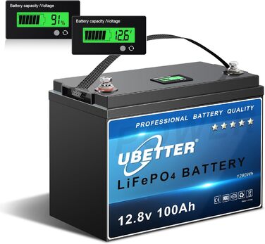 Акумулятор UBETTER 12V 100Ah LiFePO4 зі світлодіодним дисплеєм, 100A BMS, 4000 циклів, послідовно/паралельно, домашнє зберігання енергії