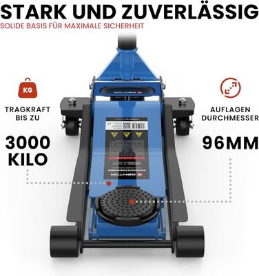 Гідравлічний домкрат 3T низькопрофільний 75-505мм з гумовими накладками для легкових авто та SUV – професійний, на колесах 360° (блакитний)