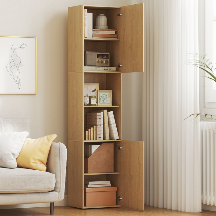 Висока шафа для ванної кімнати, 6 ящиків, 2 шафки, 2 відкриті полиці, відкриті відсіки, дерево, колір дуба