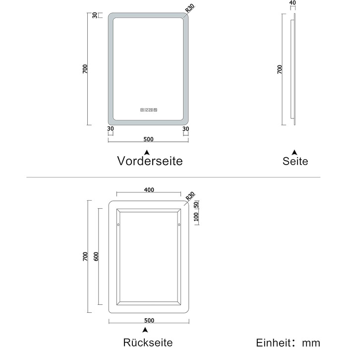 Дзеркало для ванної кімнати Aica з LED-підсвічуванням 50x70 см, годинник, сенсорне управління, запобігання запотіванню, IP44, холодне біле світло, енергозбереження