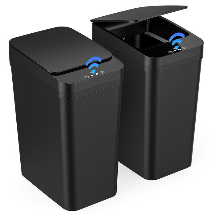 Набір з 2 автоматичних сміттєвих баків з датчиком, 12л, сенсорний кришка, 3 режими роботи, тихий, водонепроникний, інтелектуальний контейнер для сміття, для кухні, офісу, вітальні, ванної кімнати (2 шт. чорний)