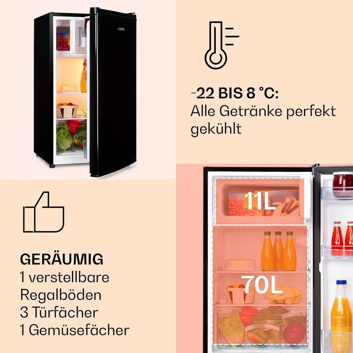 Холодильник Klarstein, міні-холодильник для напоїв, 46/80 л, чорний, з морозильною камерою, тихий, для дому, офісу, кемпінгу, 0-10°C