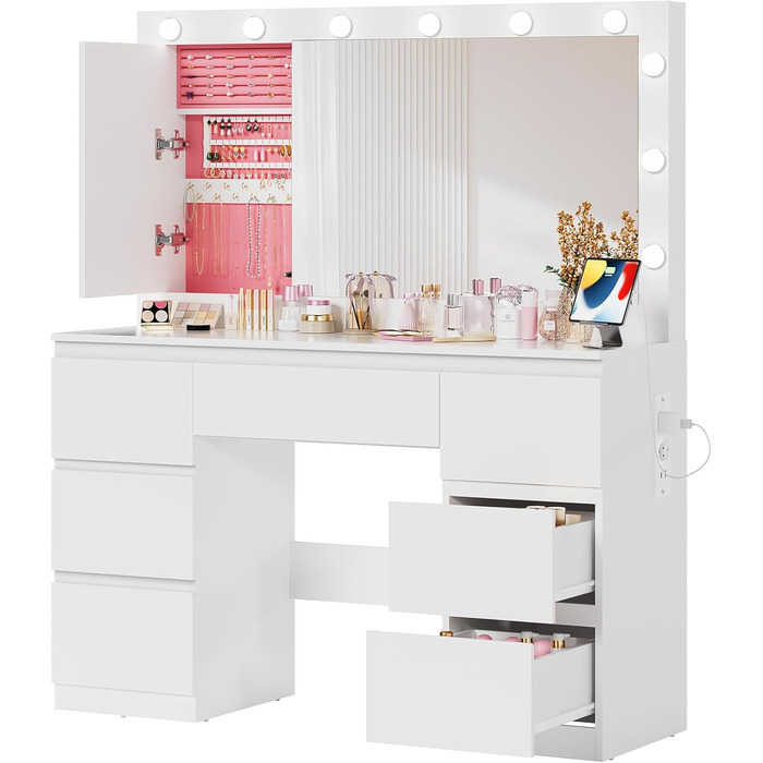 Дзеркальний туалетний столик Airfish з LED-підсвіткою та великим дзеркалом, 120x40x140 см. Туалетний столик з шухлядами та косметичним ящиком для спальні, білий