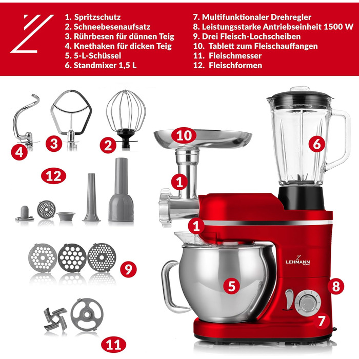 Кухонна машина Lehmann 3-в-1: міксер, м'ясорубка, соковитискач, 3000W, з планетарним міксуванням, комплект для ковбас, для мафінів та випічки, червона