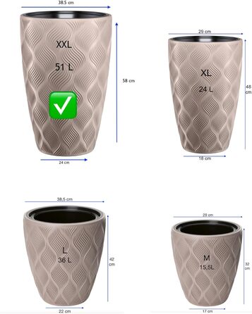 Квітчар MELTOM Blumenkübel XXL з винімним вкладишем, кругла форма, 3D ефект, декоративний (Taupe)