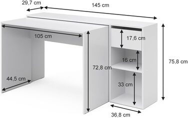 Письмовий стіл Vicco Ben, Sonoma/Білий, 145 x 46,4 см