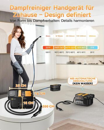 Пароочисник Gautye 3-рівневий регульований руків'я, нагрів за 10 секунд, бак 2L, 18 насадок, для кухні, ванної, підлоги, авто, вікон, чорний