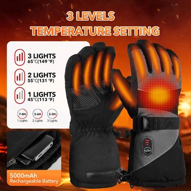 Обогревні рукавички Jkevow для чоловіків та жінок з акумулятором 5V 5000mAh, 3 режими нагріву, для мотоциклів, велосипедів, походів, катання на лижах