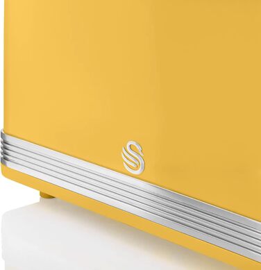 Тостер для хліба Swan Retro ST19010GRNEU широким отвором на 2 скибочки, вінтажний дизайн, 3 функції розморожування/розігрівання/скасування, 6 регуляторів рівня тостів, нержавіюча сталь, 815 Вт (жовтий)