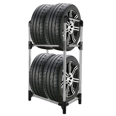 Стійка для шин BAOYOUNI на 4 шини/диски, 2 яруси, сіро-срібна, 57,2 x 37,3 x 114,6 см