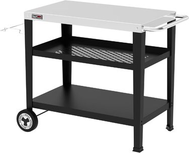 Сервісний візок Royal Gourmet з 3 ярусами, контейнер для сміття, візок для кухні, приставний столик, гриль Plancha, візок для гриля, з нержавіючої сталі, срібний, робоча поверхня 85 x 50 см