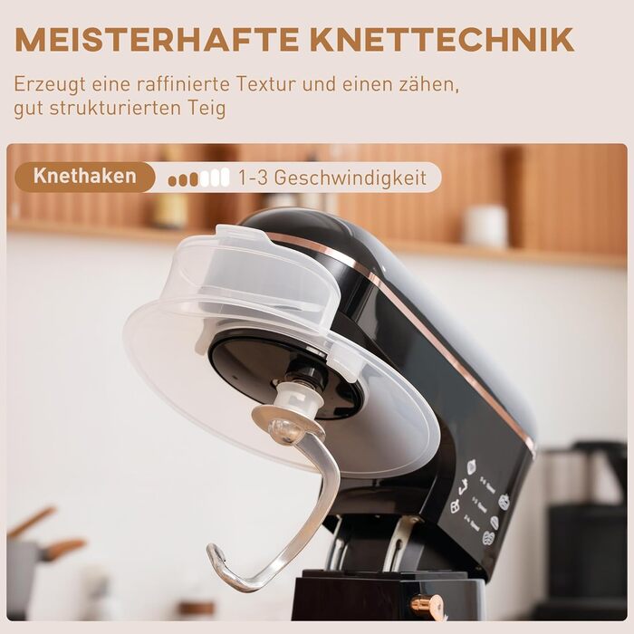 Кухонна машина HOMCOM 1400W з чашею 5.5л з нержавіючої сталі, 6 швидкостей, міксер для тіста, з набором насадок