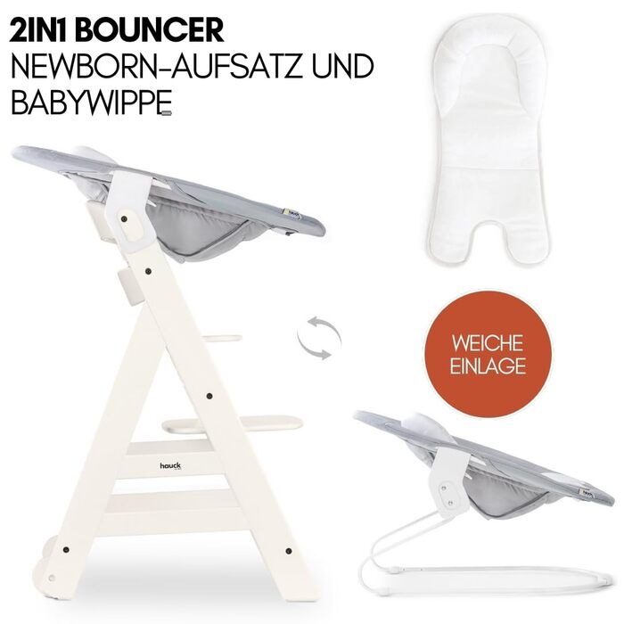 Високий стільчик для годування Hauck Beta+ Newborn Set - комплект для новонароджених, від народження з 2-в-1 функцією гойдалки, подушкою для сидіння та підносом для їжі (білий)